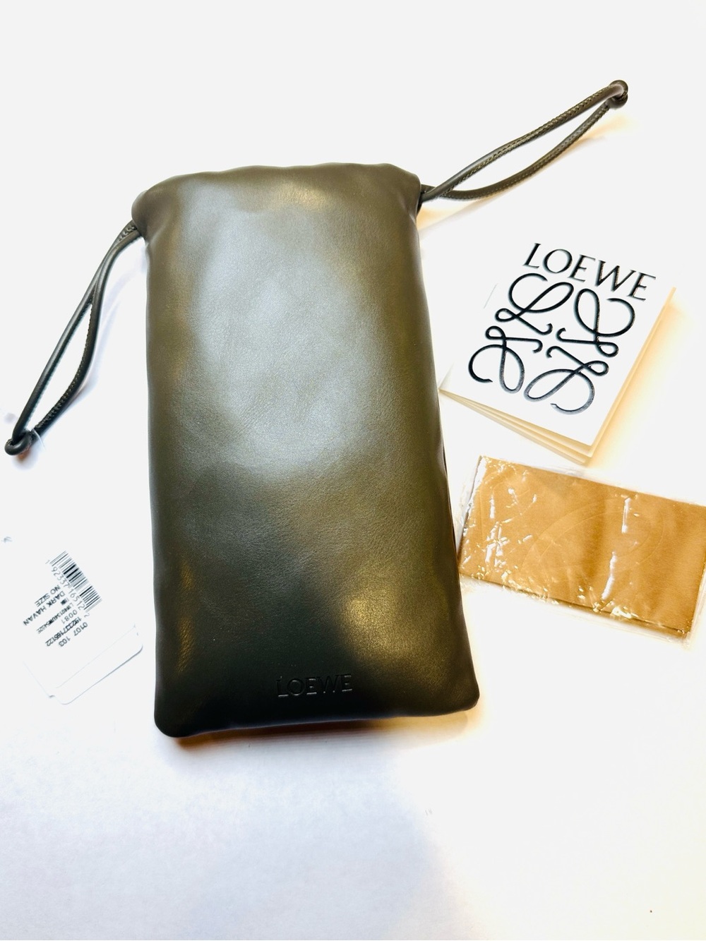 Loewe Sunglass Puffer Pouch Olive Green Drawstring Bag Case w/ Cleaning cloth - Picture 2 of 7